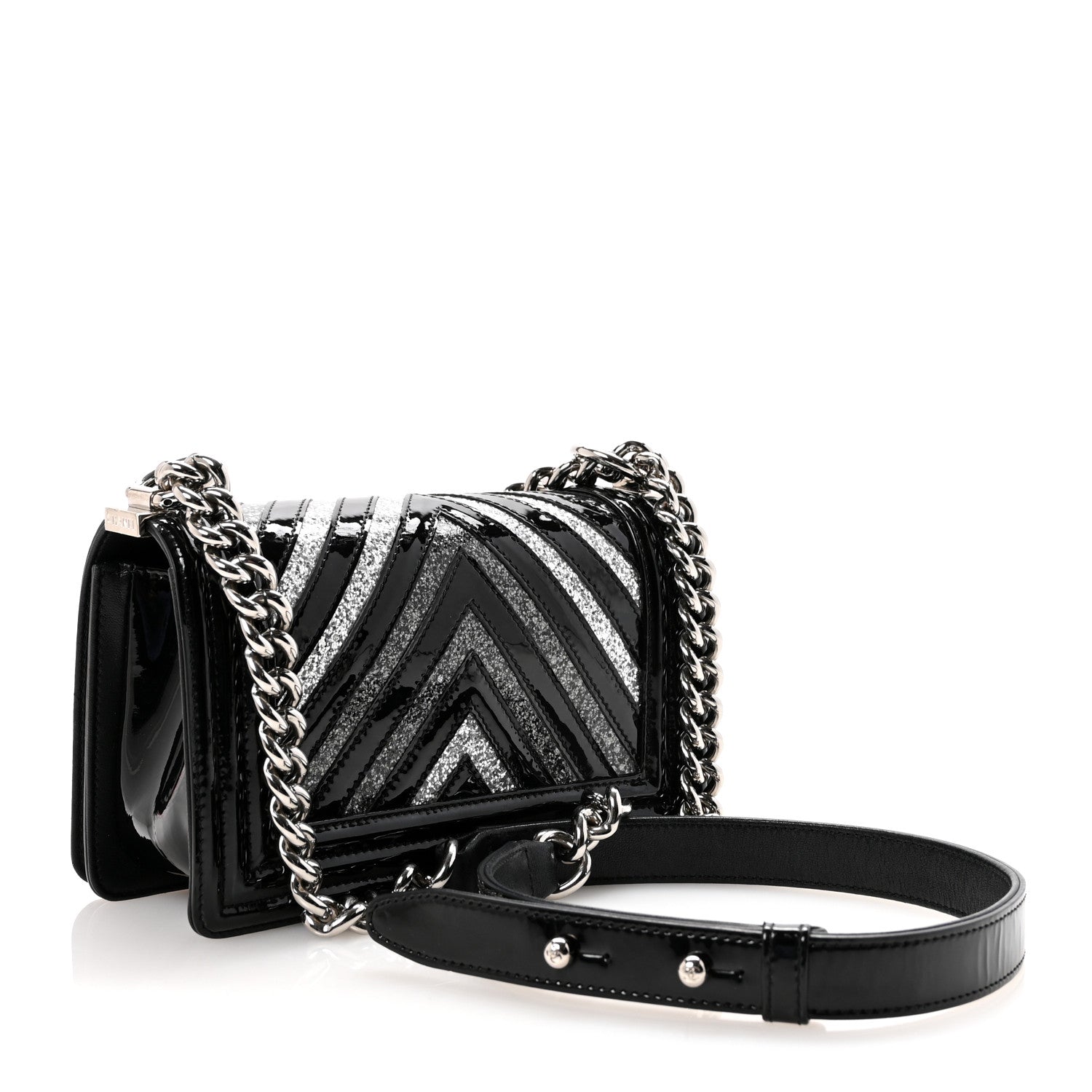Chanel Patent Glitter PVC Chevron Quilted Small Boy Flap Black Silver