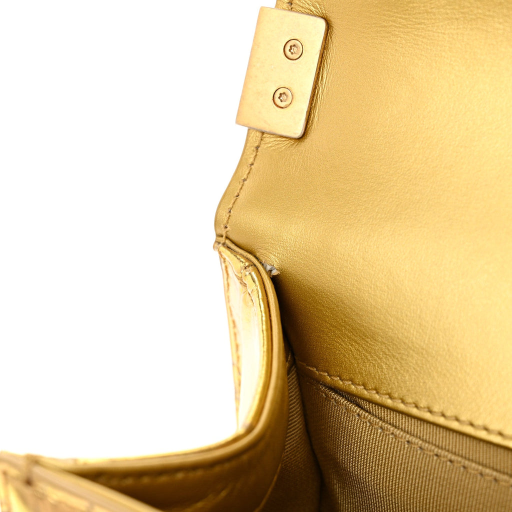 Chanel Metallic Calfskin Crocodile Embossed Graffiti Medium Cocodile Boy Flap Gold