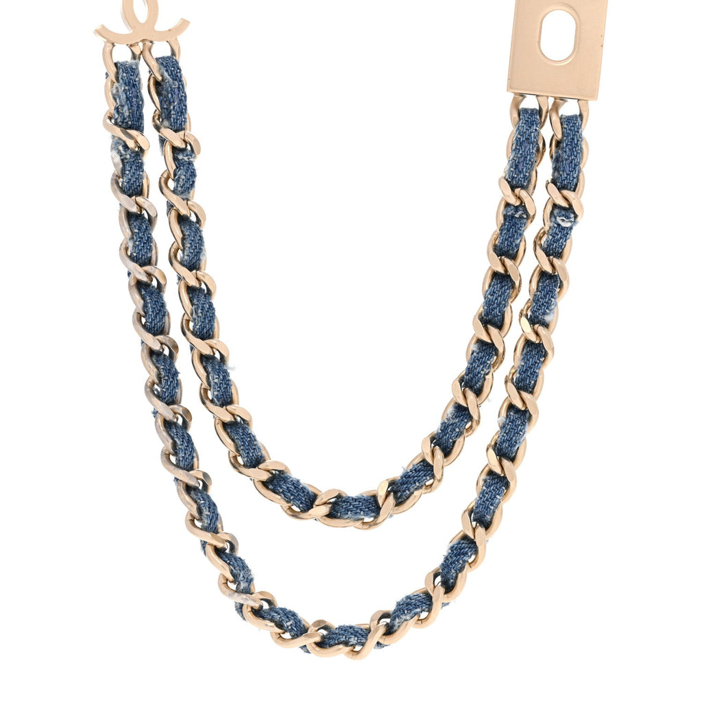 Metal Denim CC Double Chain Necklace Blue Gold