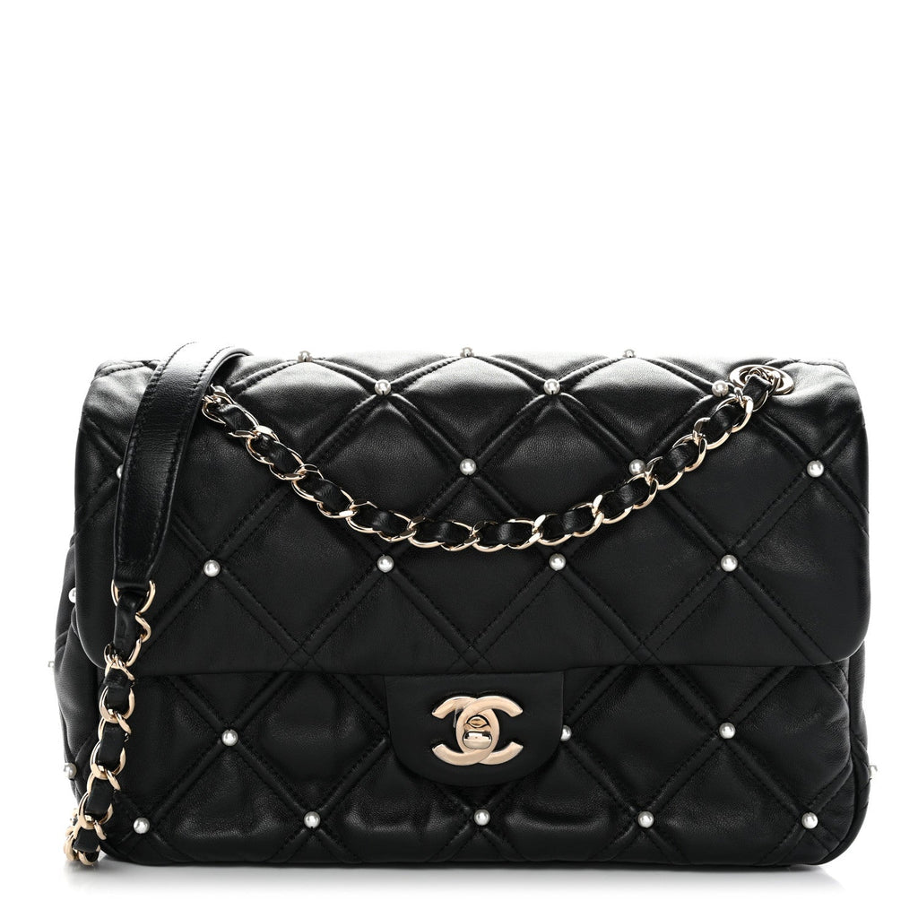 Chanel Lambskin Quilted Pearl Studded Flap Black