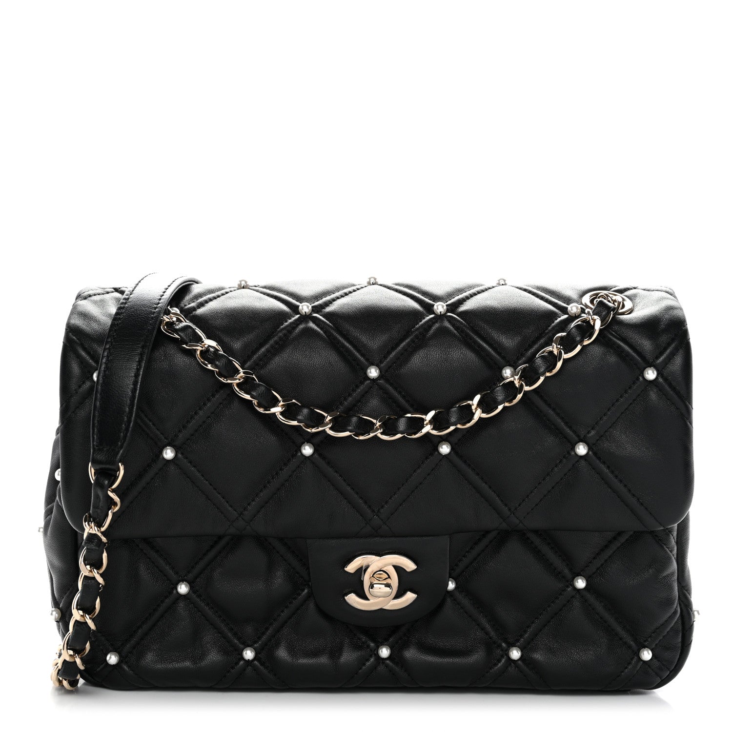 Chanel Lambskin Quilted Pearl Studded Flap Black