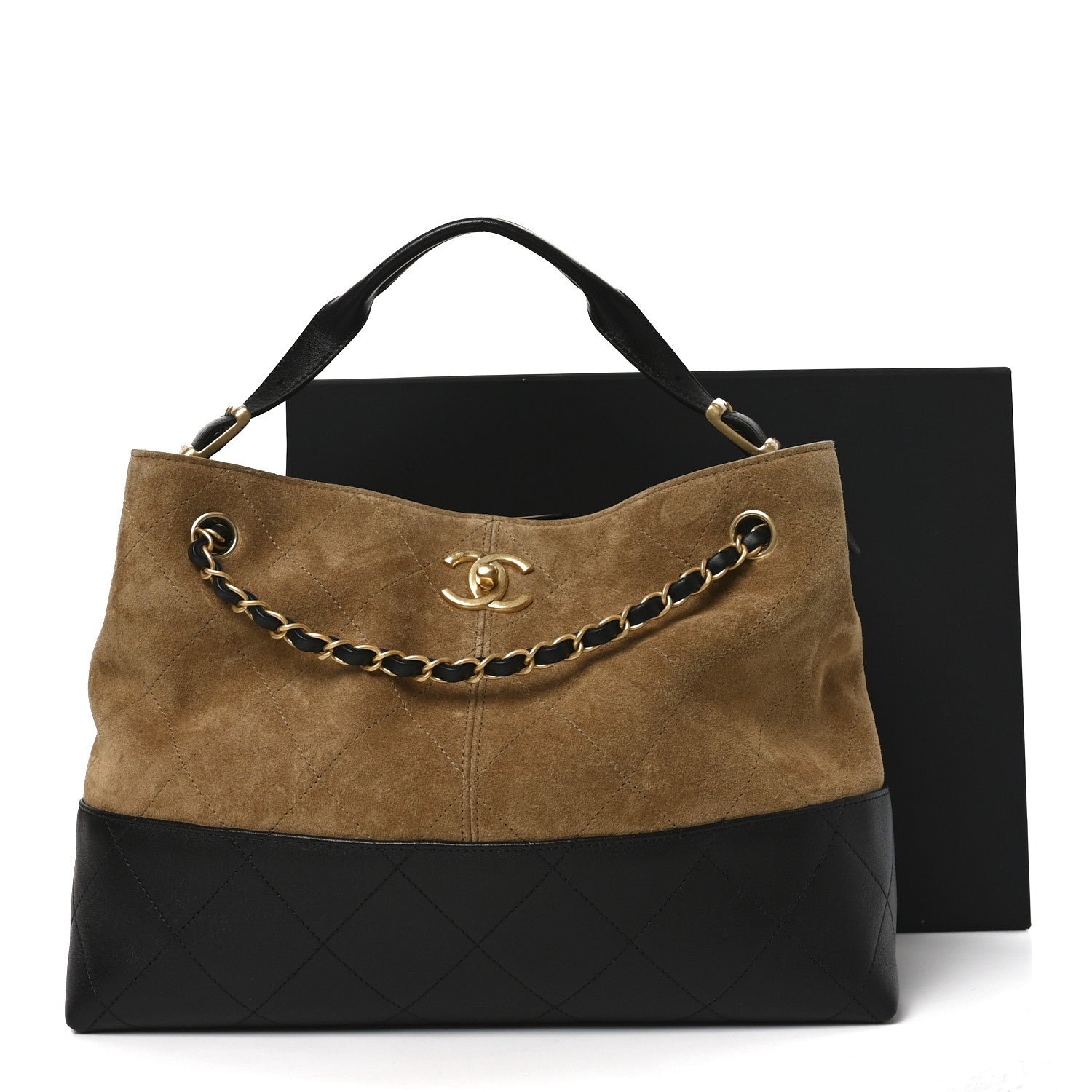 Chanel Suede Calfskin Shiny Lambskin Quilted Small Coco Base Shopping Bag Beige Black