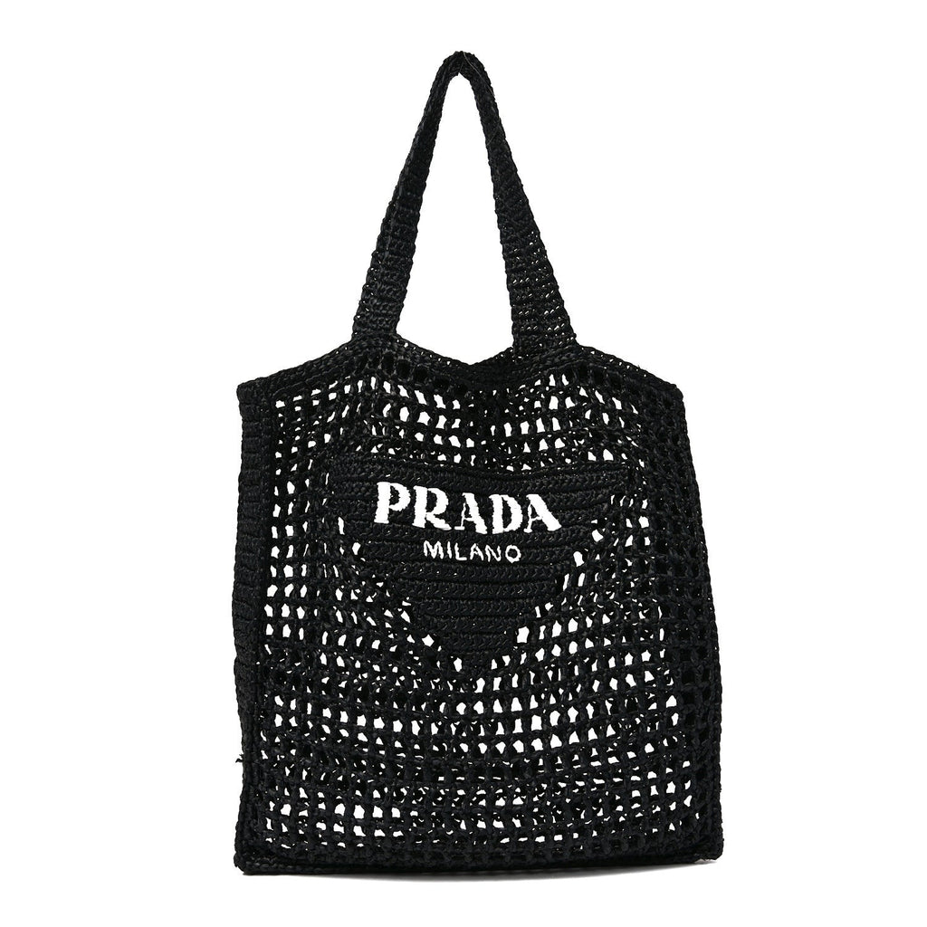 Prada Yarn Raffia Effect Crochet Logo Embroidered Tote Bag Black