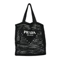 Prada Yarn Raffia Effect Crochet Logo Embroidered Tote Bag Black