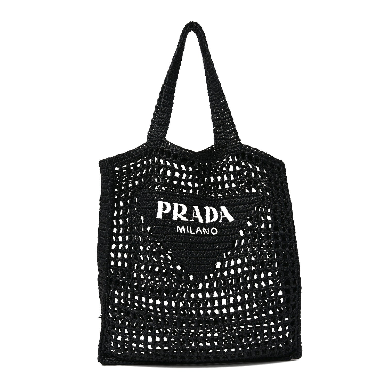 Prada Yarn Raffia Effect Crochet Logo Embroidered Tote Bag Black