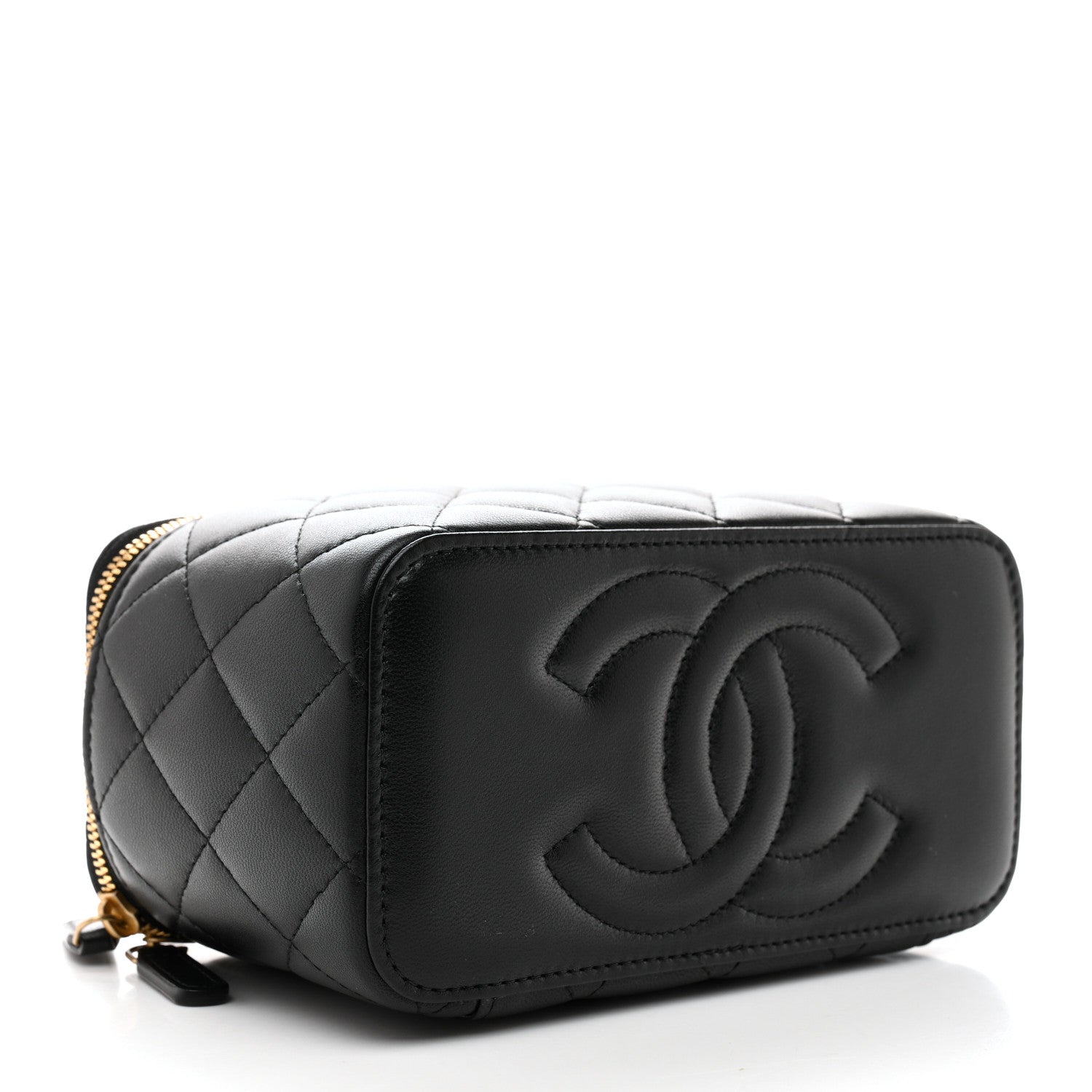 Chanel Lambskin Enamel Quilted Small Coco Hearts Vanity Case With Chain Black