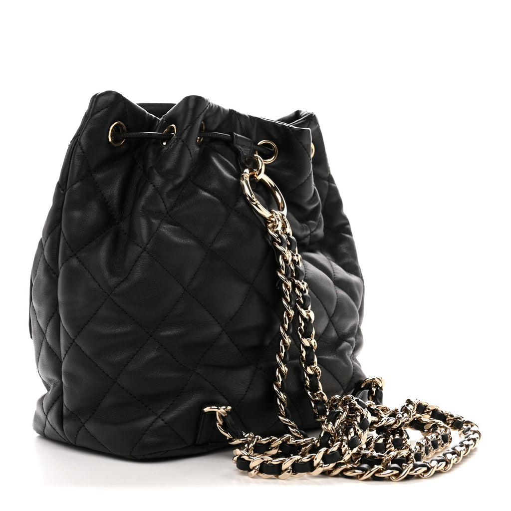 Chanel Lambskin Quilted Double Pocket Drawstring Backpack Black