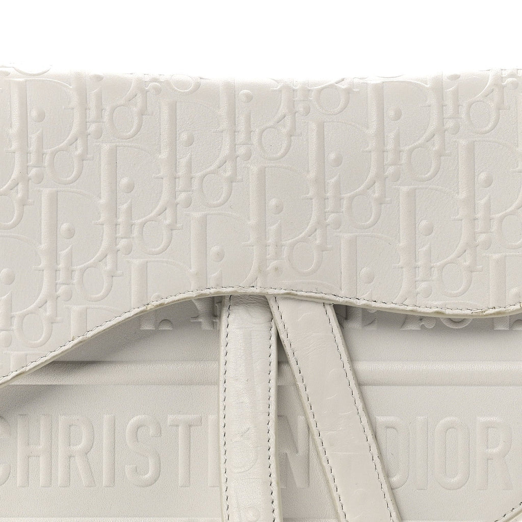Christian Dior Calfskin Embossed Oblique Saddle Bag White