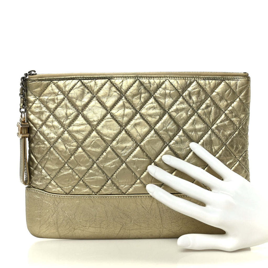 Metallic Aged Calfskin Quilted Medium Gabrielle Cosmetic Case  Gold
