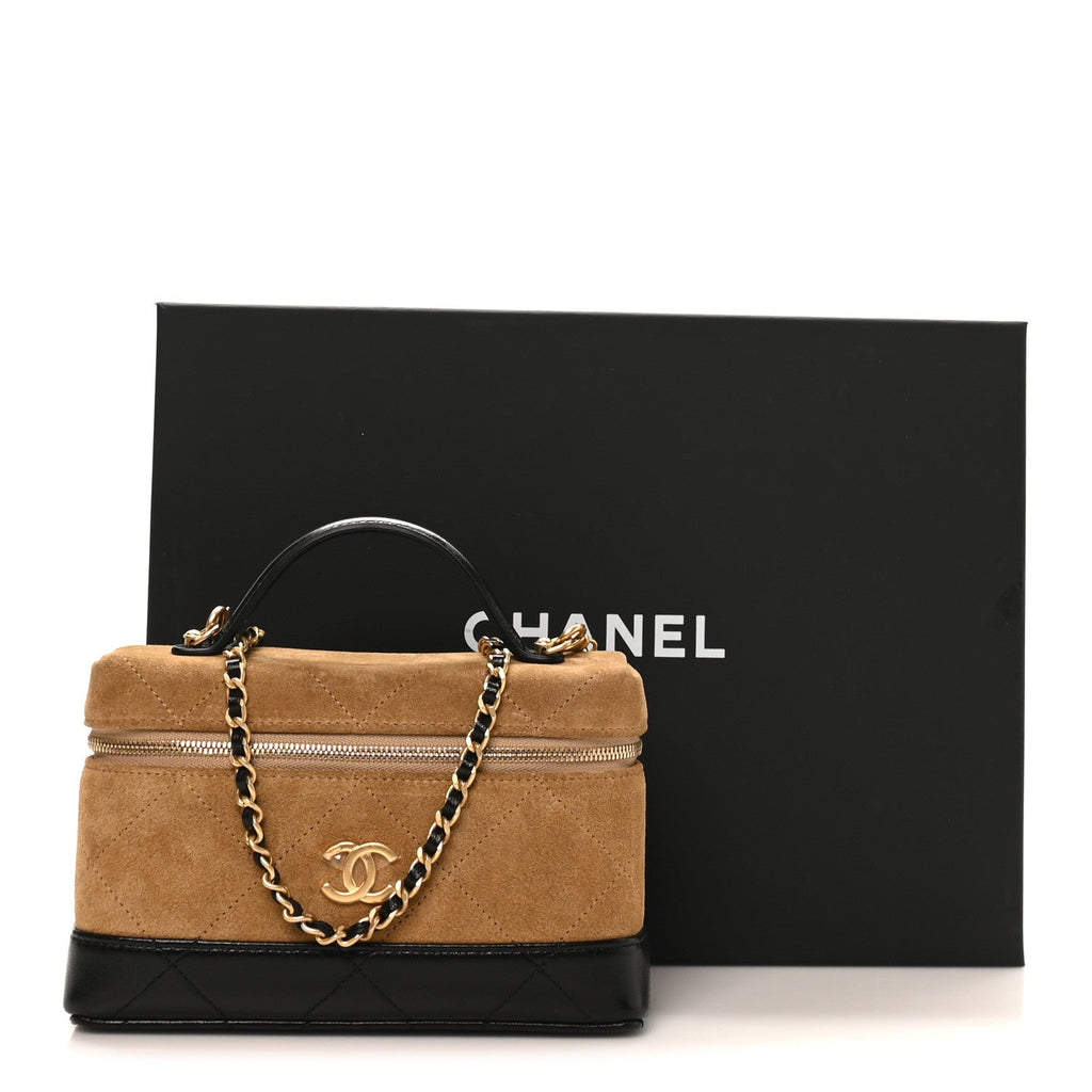 Chanel Suede Calfskin Shiny Lambskin Stitched Top Handle Slim Vanity Case With Chain Beige Black