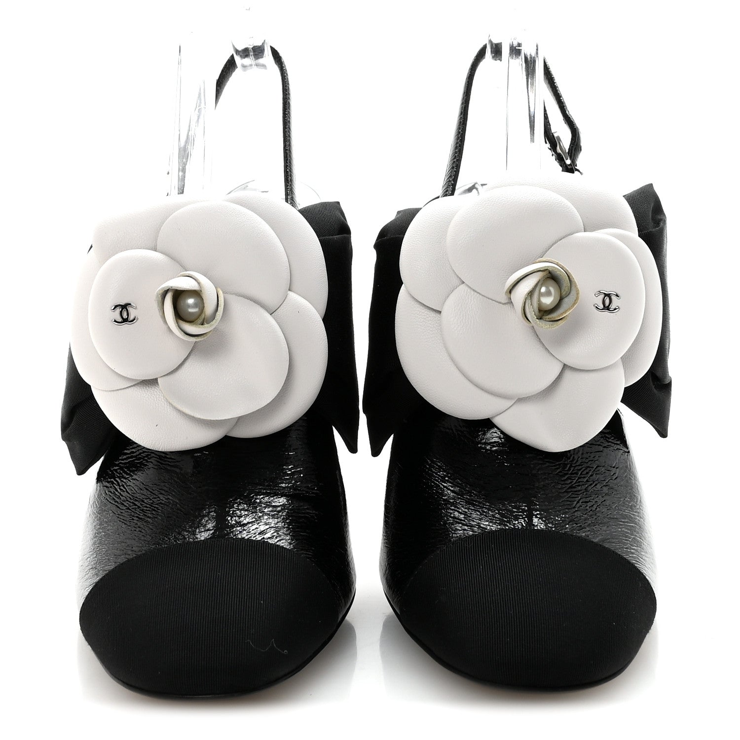 Crumpled Shiny Fabric Grosgrain Cap Toe Camellia Bow Slingback Pumps 39 Black
