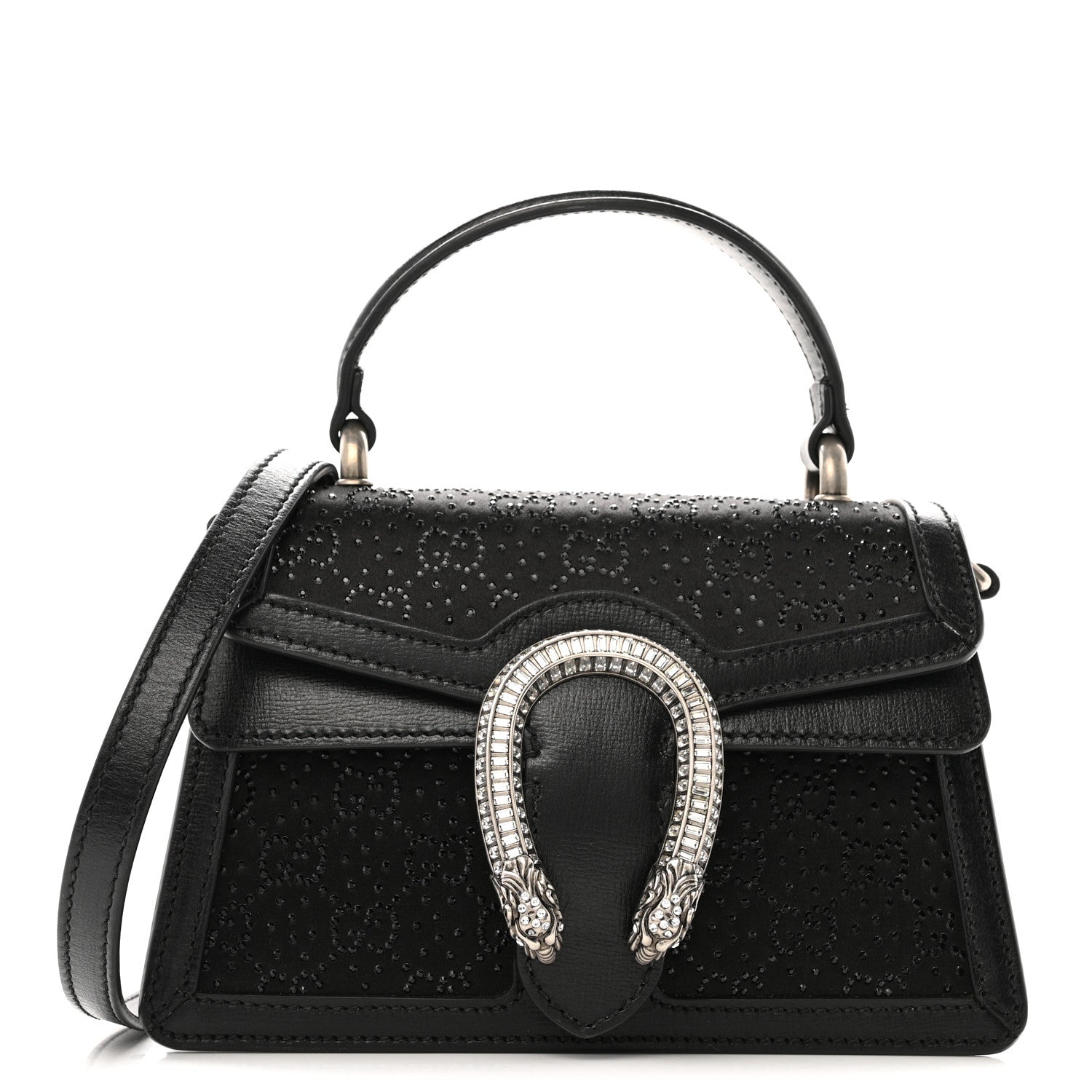 Gucci Satin Crystal GG Monogram Mini Dionysus Top Handle Bag Black