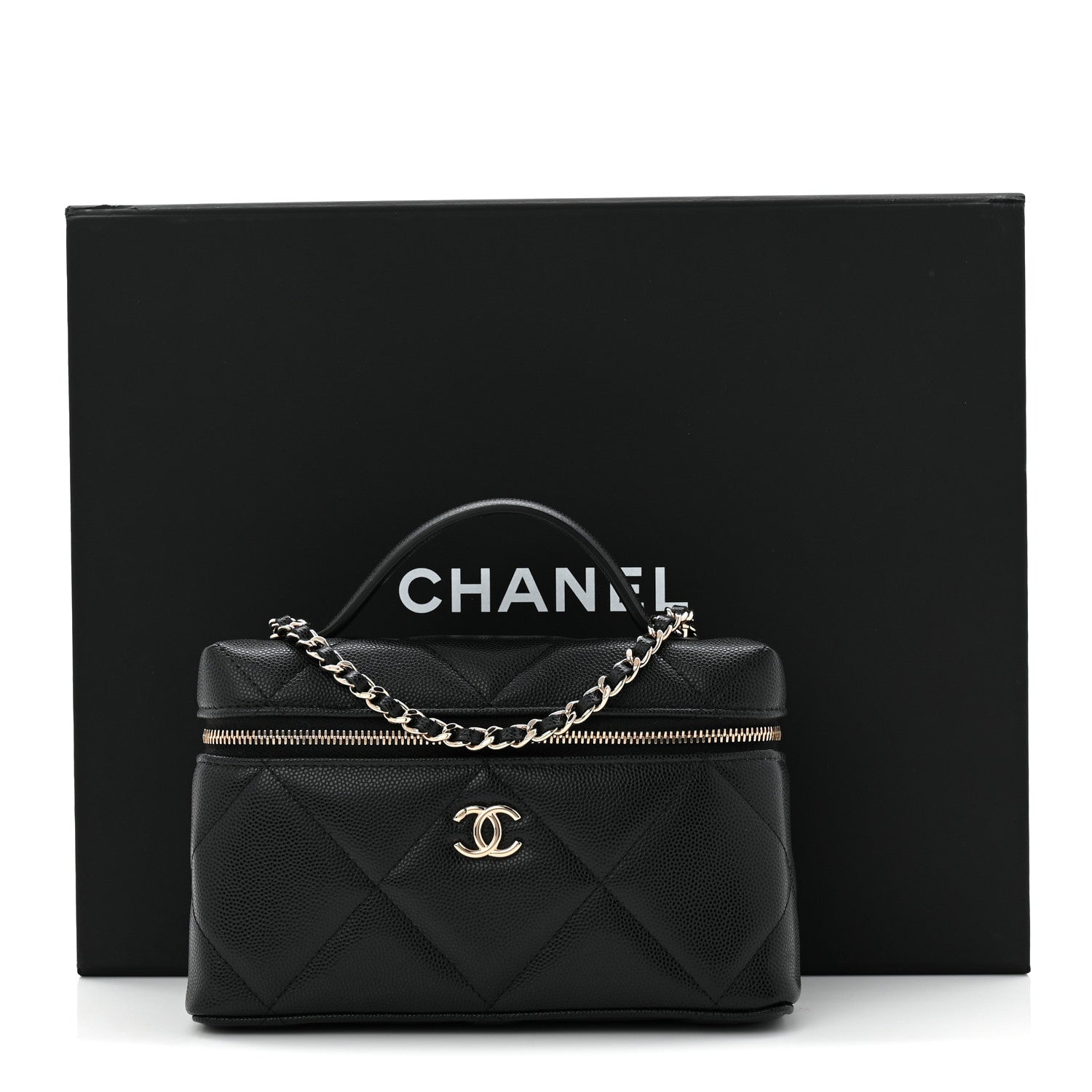 Chanel Caviar Quilted Top Handle Slim Vanity With Chain Black