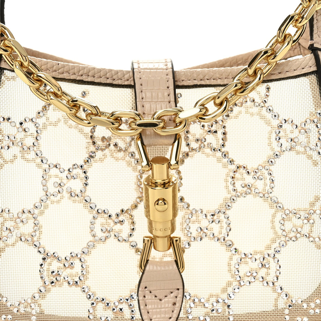 Gucci Lizard Mesh Crystal GG Monogram Mini Jackie 1961 Hobo Light Powder Skin Rose