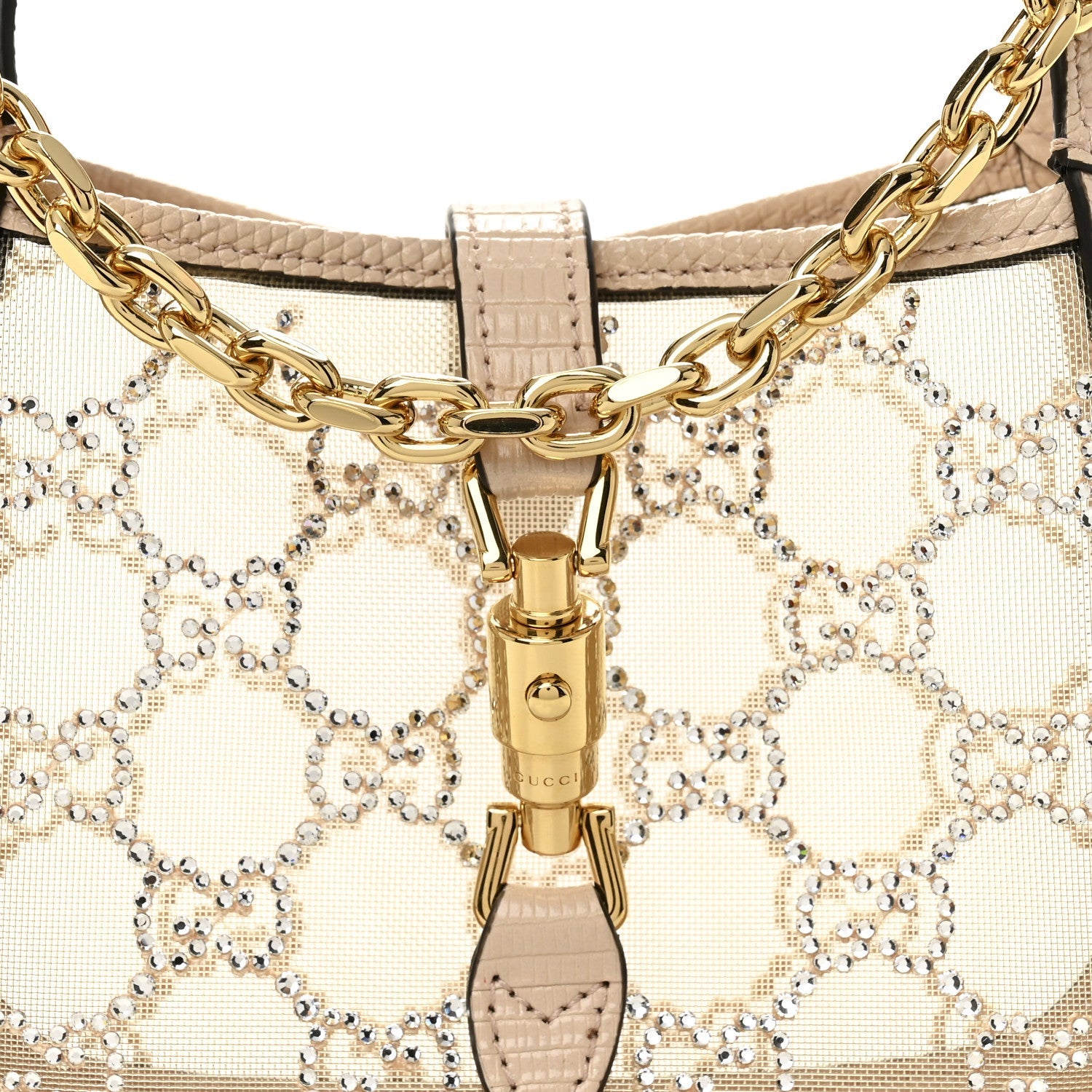 Gucci Lizard Mesh Crystal GG Monogram Mini Jackie 1961 Hobo Light Powder Skin Rose