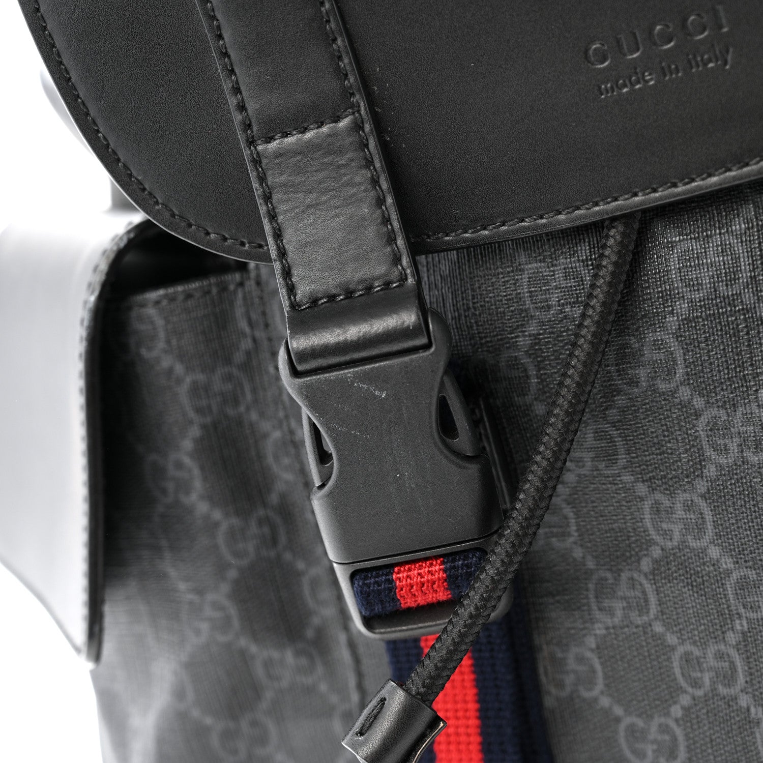 Gucci Soft GG Supreme Monogram Calfskin Web Double Buckle Backpack Black