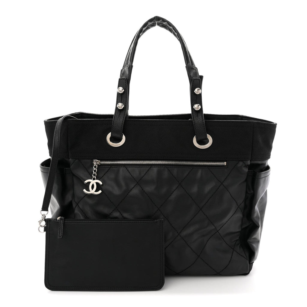 Chanel Coated Canvas Quilted Large Paris Biarritz Tote Black
