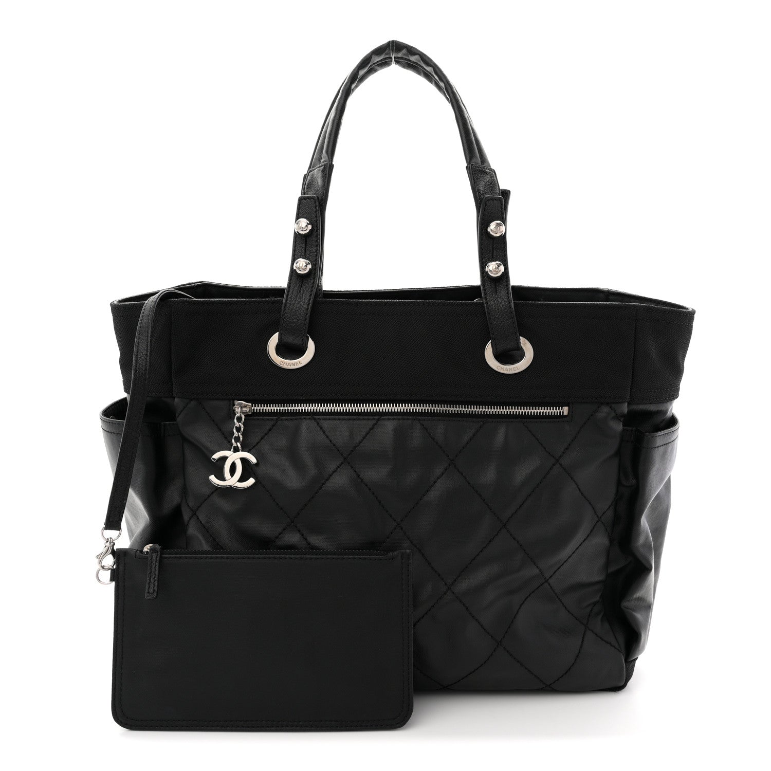 Chanel Coated Canvas Quilted Large Paris Biarritz Tote Black