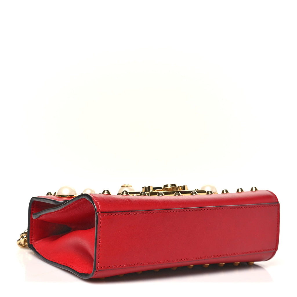 Gucci Calfskin Studded Small Padlock Shoulder Bag Hibiscus Red