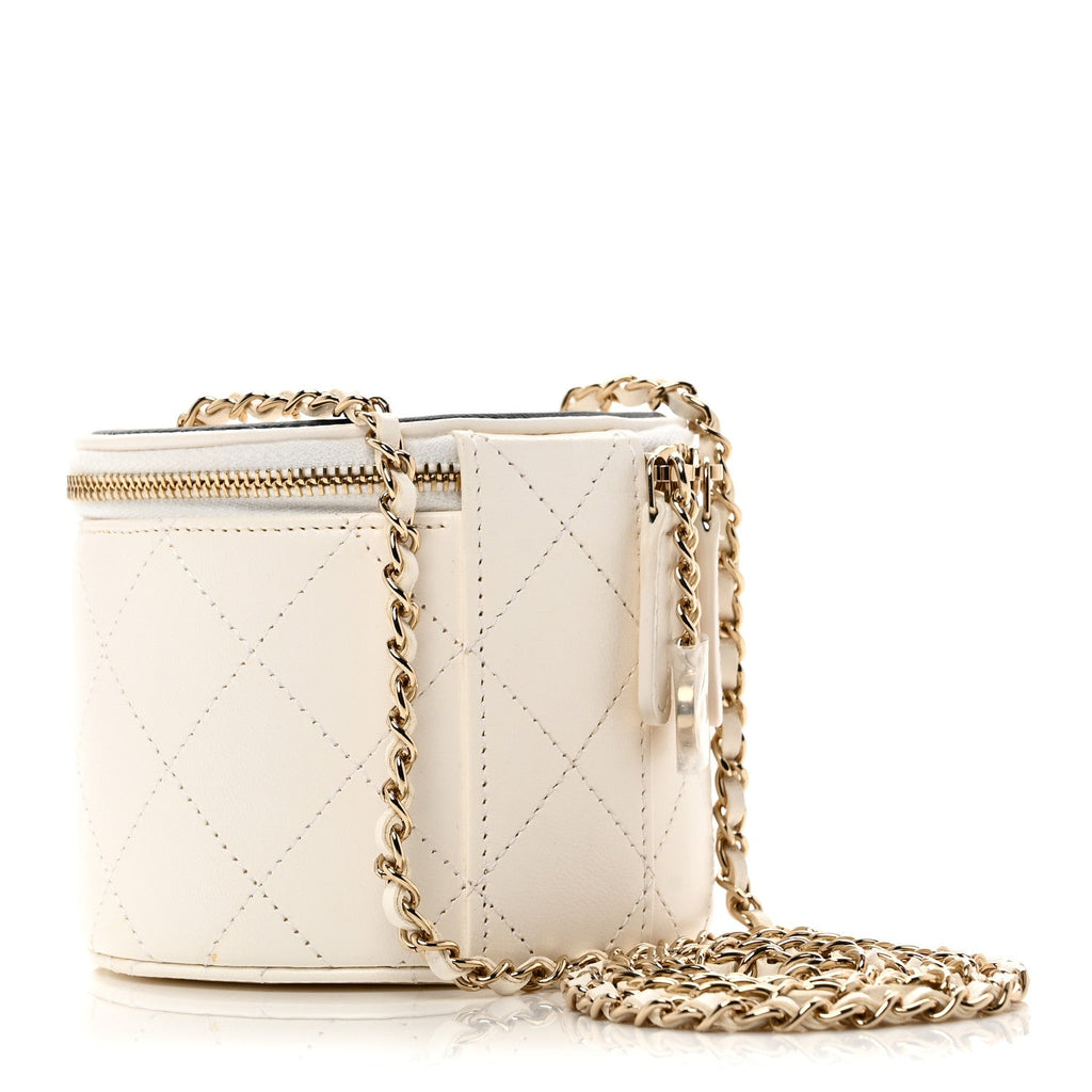 Chanel Lambskin Quilted Round Small Vanity Case With Chain White Black