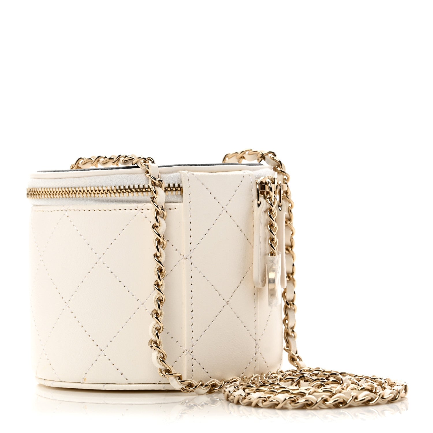 Chanel Lambskin Quilted Round Small Vanity Case With Chain White Black