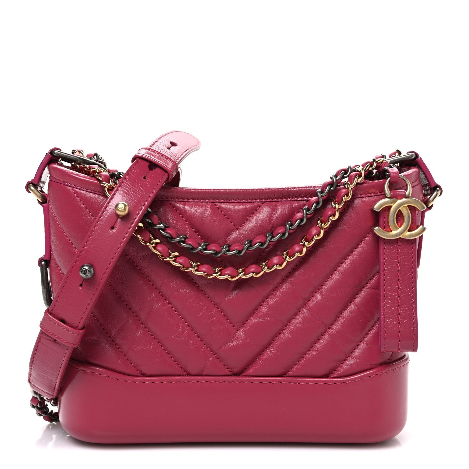 Chanel Aged Calfskin Chevron Quilted Small Gabrielle Hobo Dark Pink