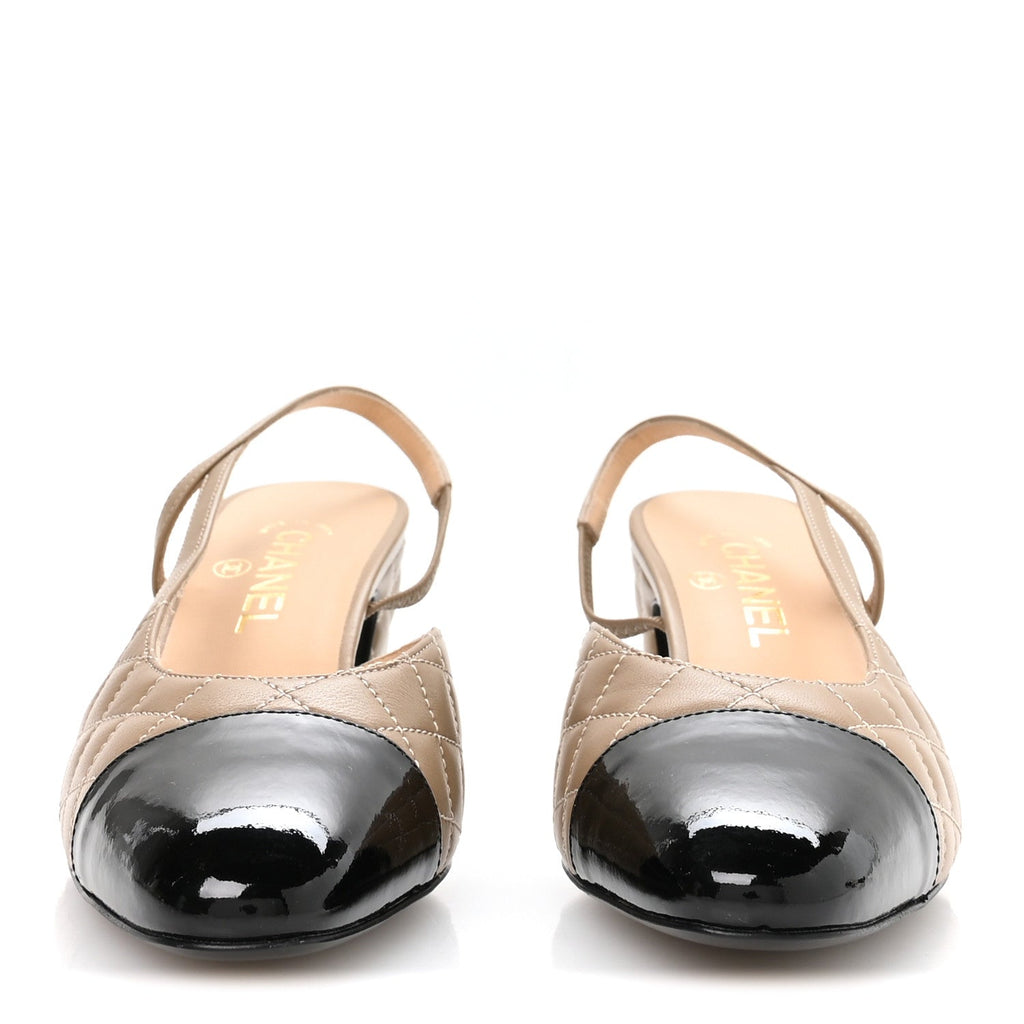 Lambskin Patent Calfskin Quilted Cap Toe CC Slingback Pumps 39.5 Beige Black