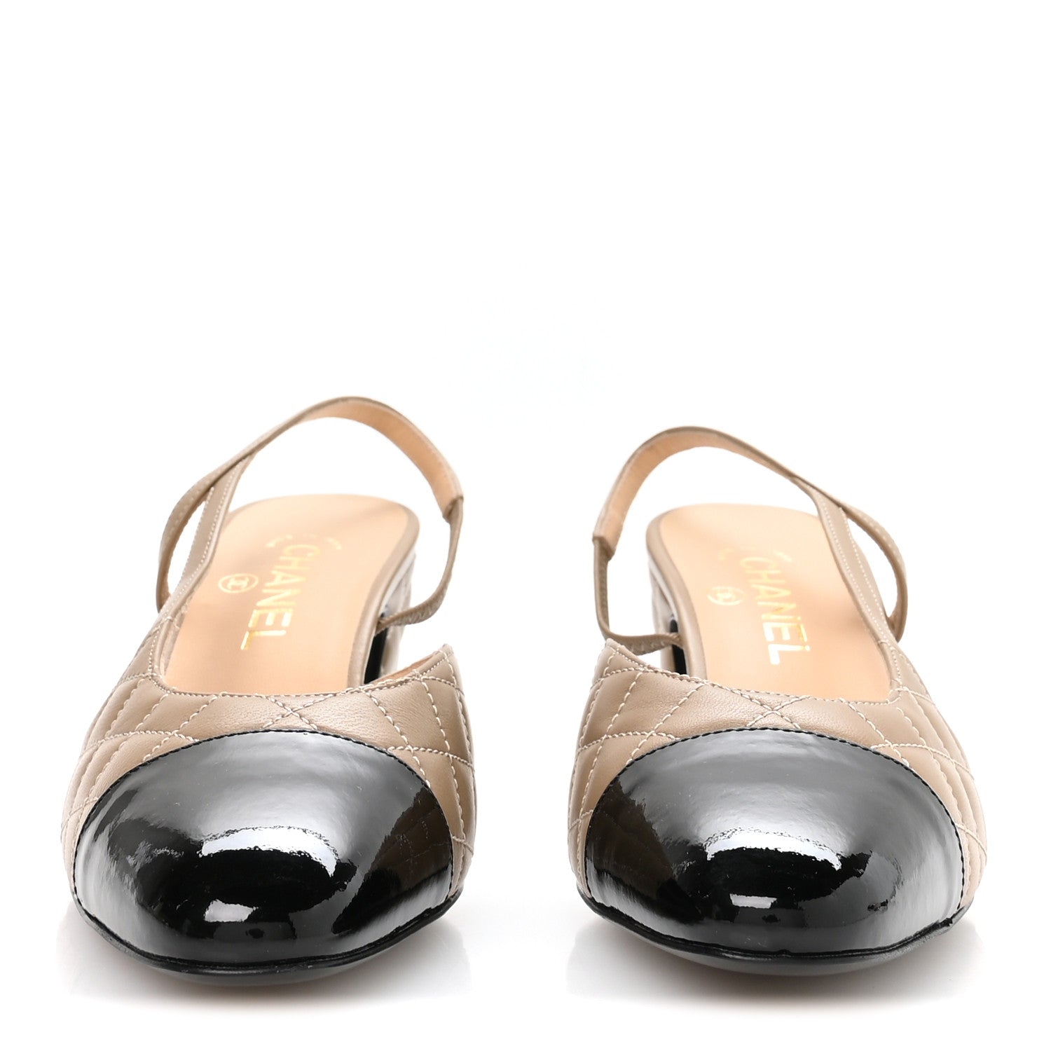 Lambskin Patent Calfskin Quilted Cap Toe CC Slingback Pumps 39.5 Beige Black