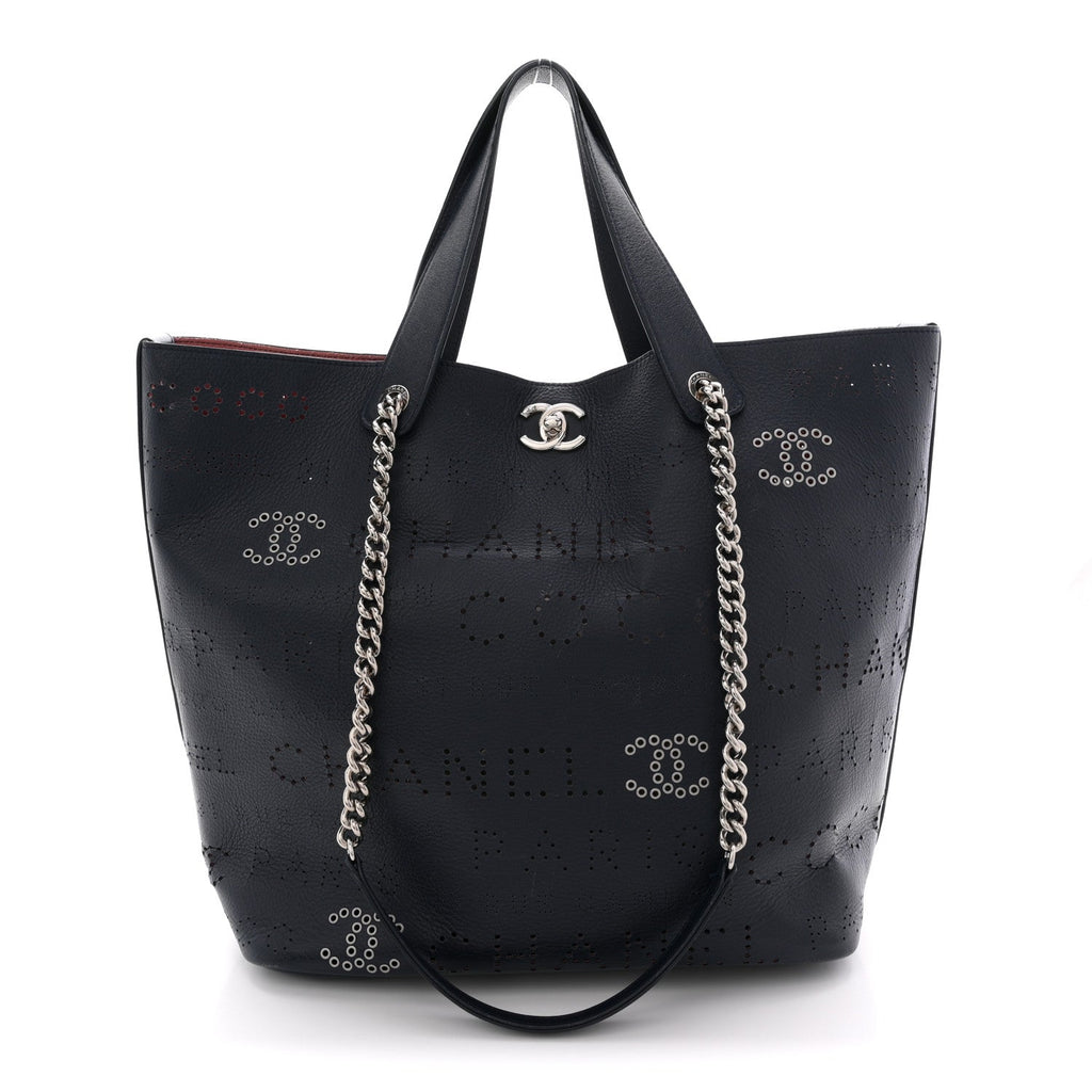 Chanel Calfskin Tweed Small Logo Eyelets Shopping Tote Navy Blue