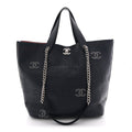 Chanel Calfskin Tweed Small Logo Eyelets Shopping Tote Navy Blue