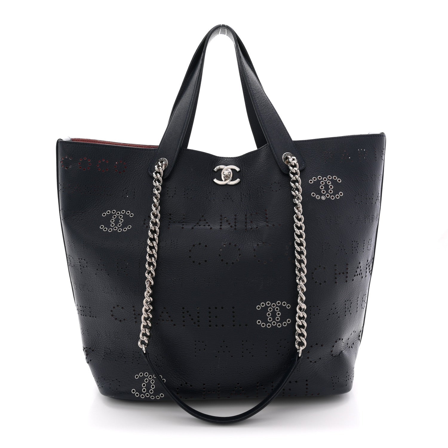 Chanel Calfskin Tweed Small Logo Eyelets Shopping Tote Navy Blue