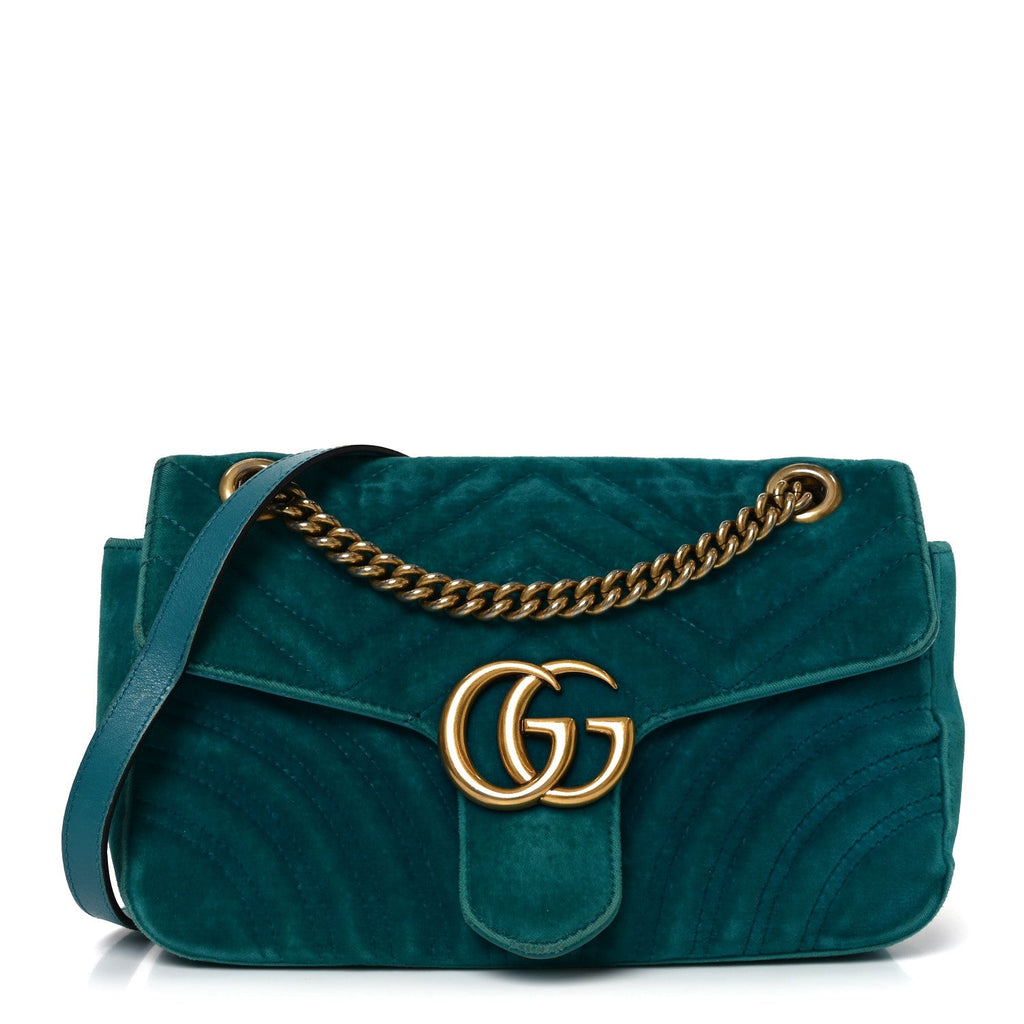 Gucci Velvet Matelasse Small GG Marmont Shoulder Bag Pavone Cyan