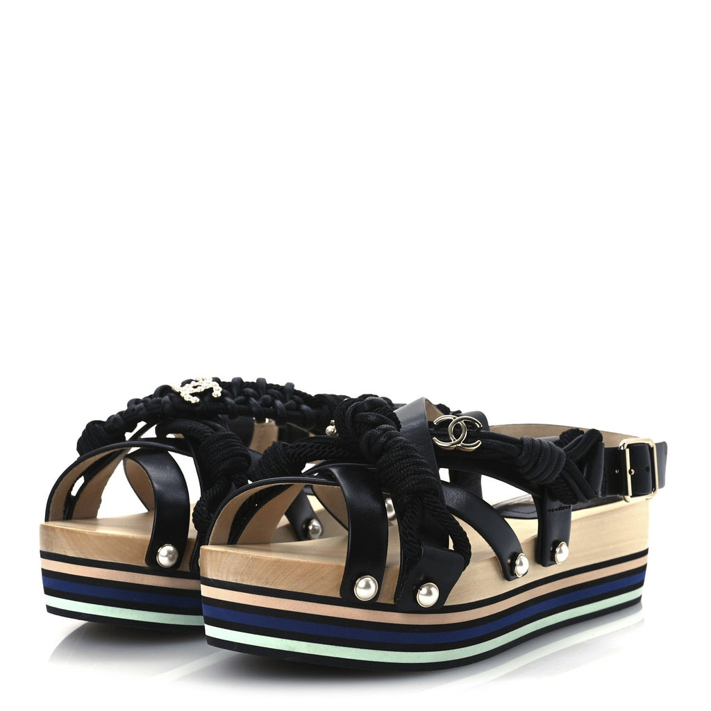 Calfskin Cord Pearl CC Sandals 38 Black
