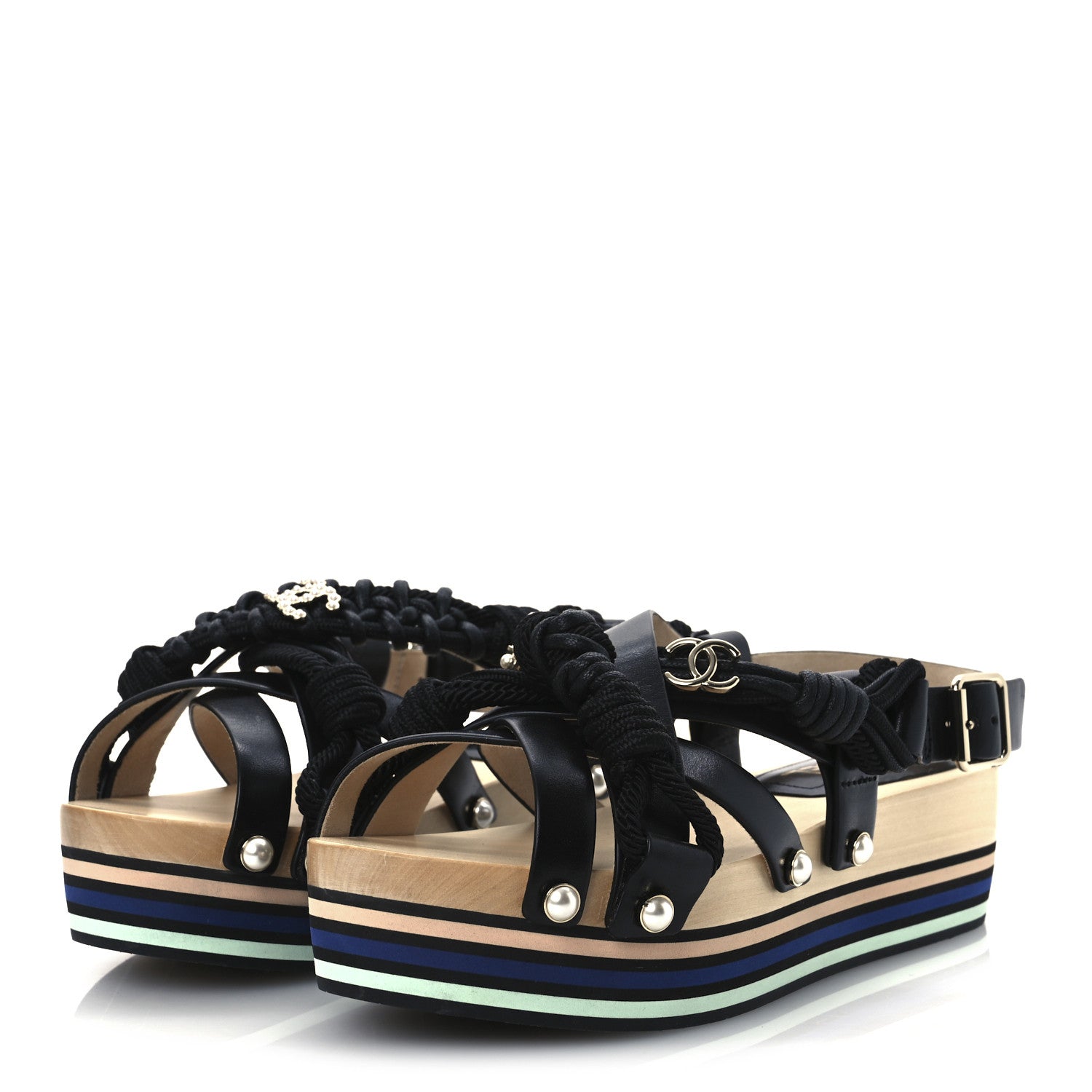 Calfskin Cord Pearl CC Sandals 38 Black