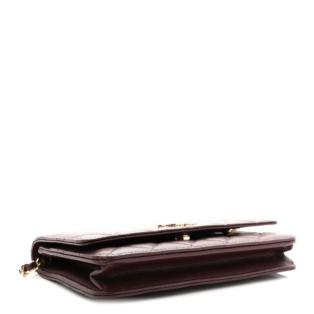 Chanel Shiny Caviar Quilted Strass Wallet On Chain WOC Bordeaux