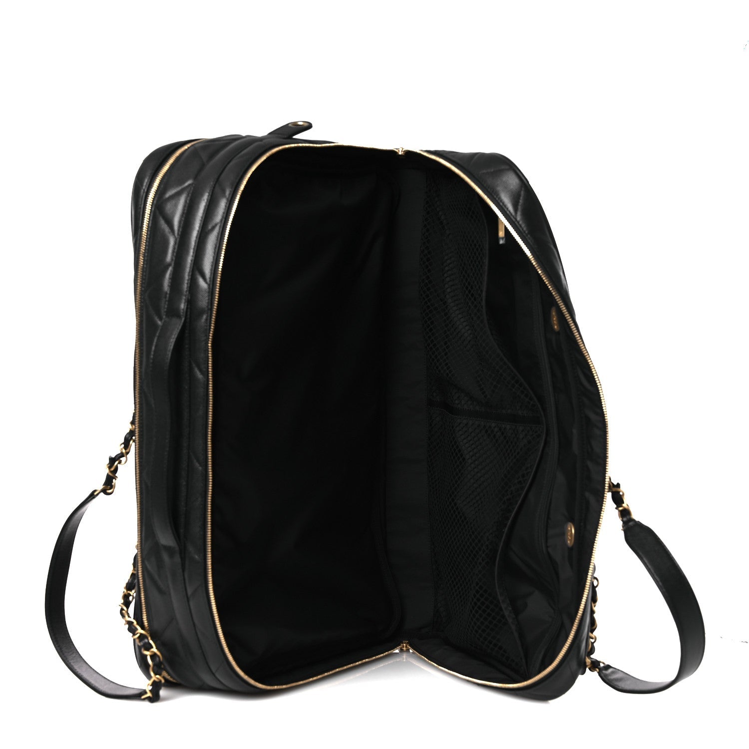 Chanel Shiny Grained Calfskin Quilted Large Travel Bowling Bag Black