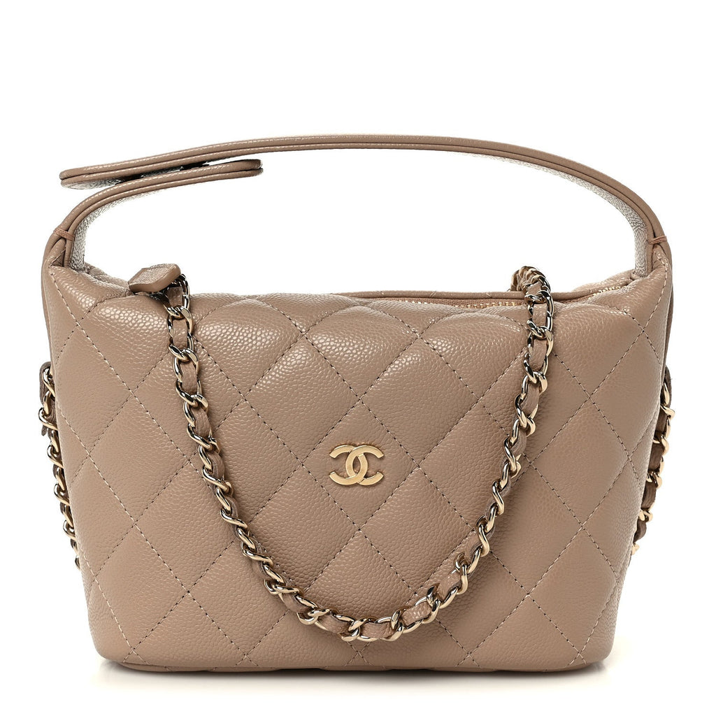 Chanel Caviar Quilted Hobo Clutch With Chain Dark Beige