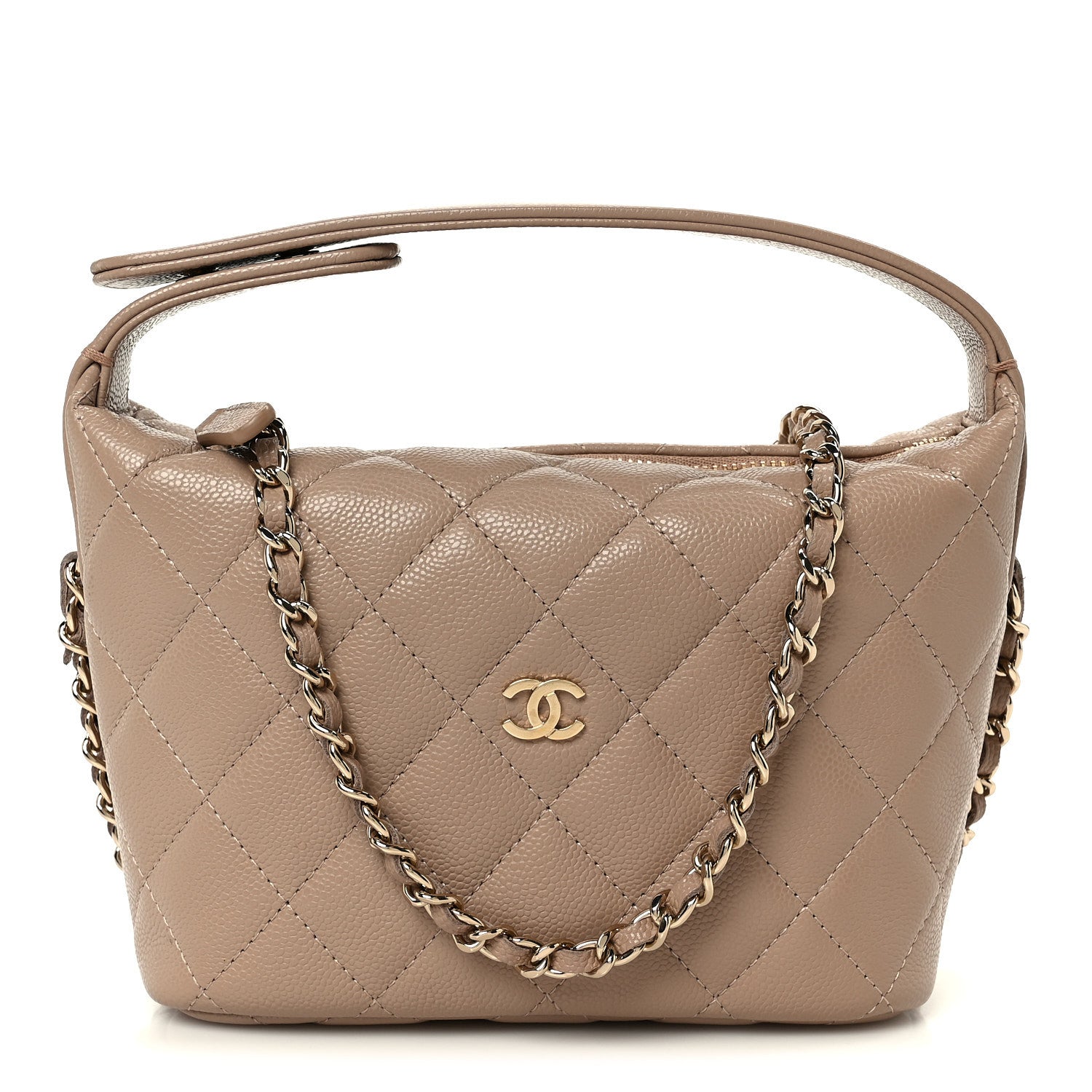 Chanel Caviar Quilted Hobo Clutch With Chain Dark Beige