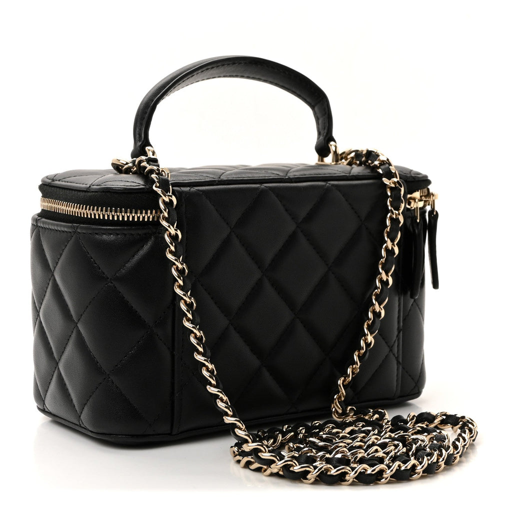 Chanel Lambskin Quilted Small Top Handle Vanity Case With Chain Black