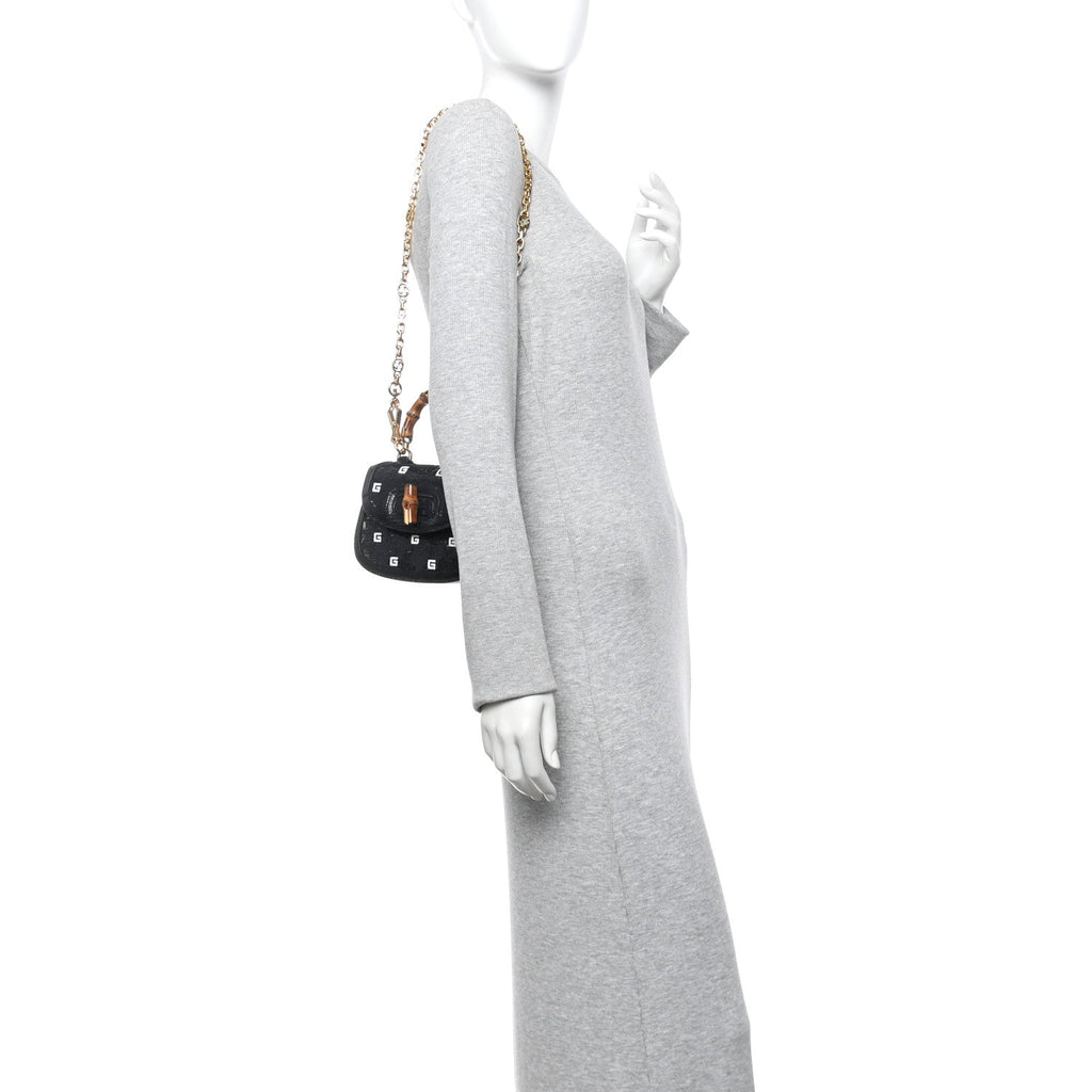 Gucci Sequin Lizard Embossed GG Mini Bamboo 1947 Top Handle Chain Bag Black White