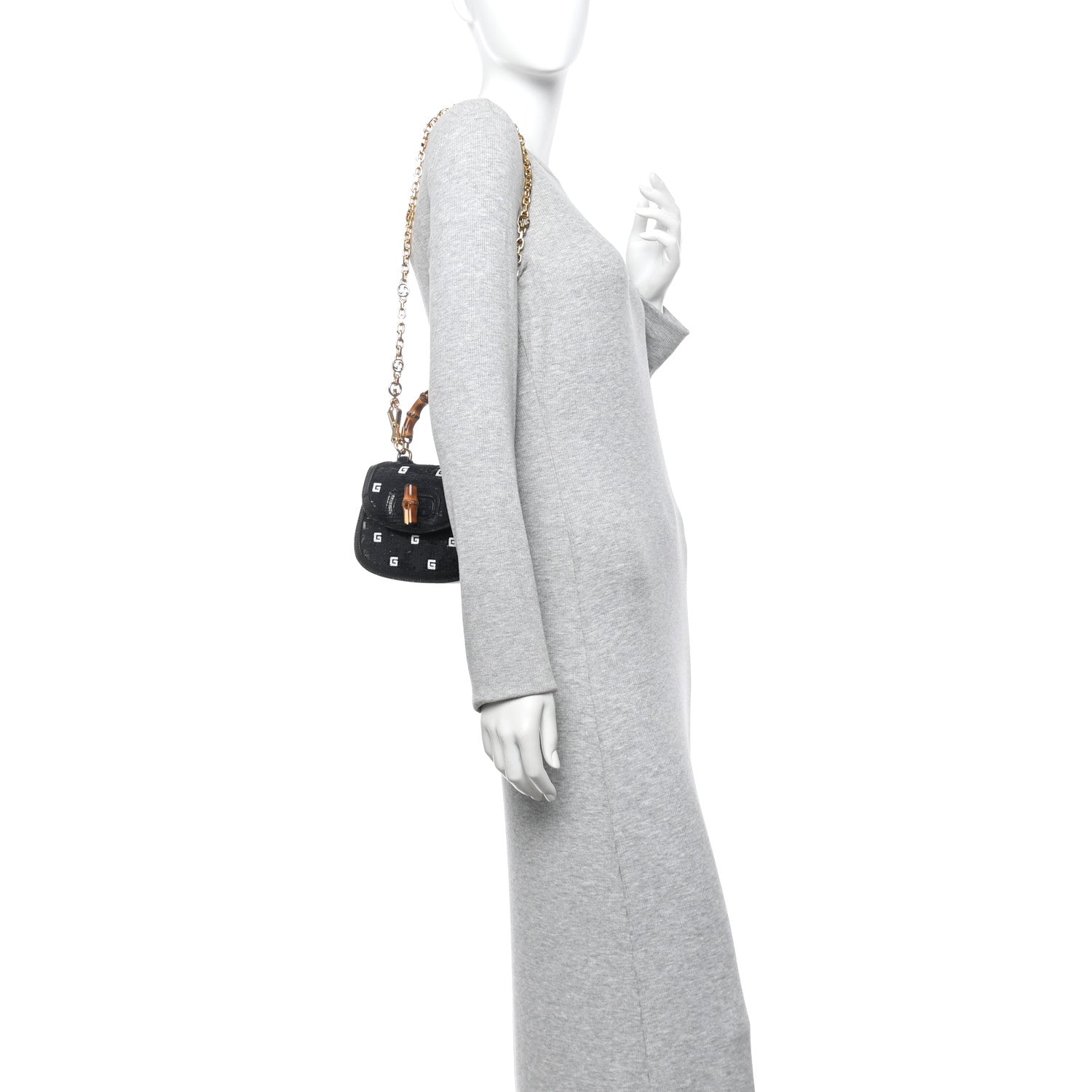 Gucci Sequin Lizard Embossed GG Mini Bamboo 1947 Top Handle Chain Bag Black White