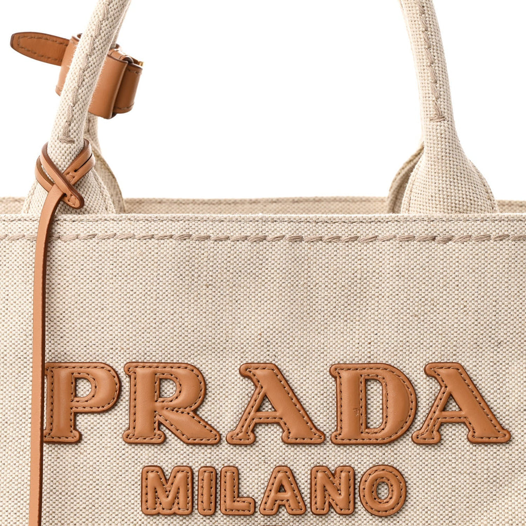 Prada Linen Vitello Large Logo Tote Natural