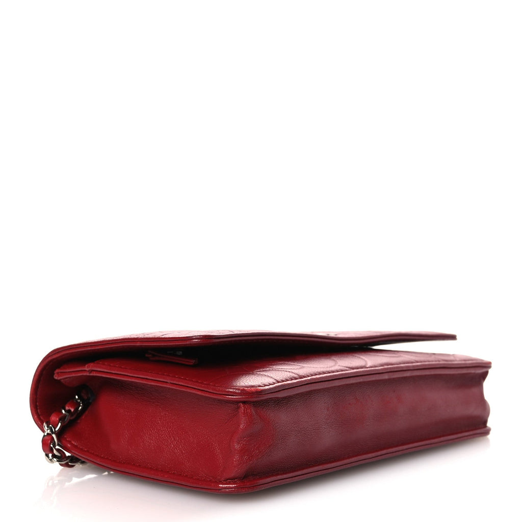 Chanel Lambskin Camellia Embossed Wallet on Chain WOC Red