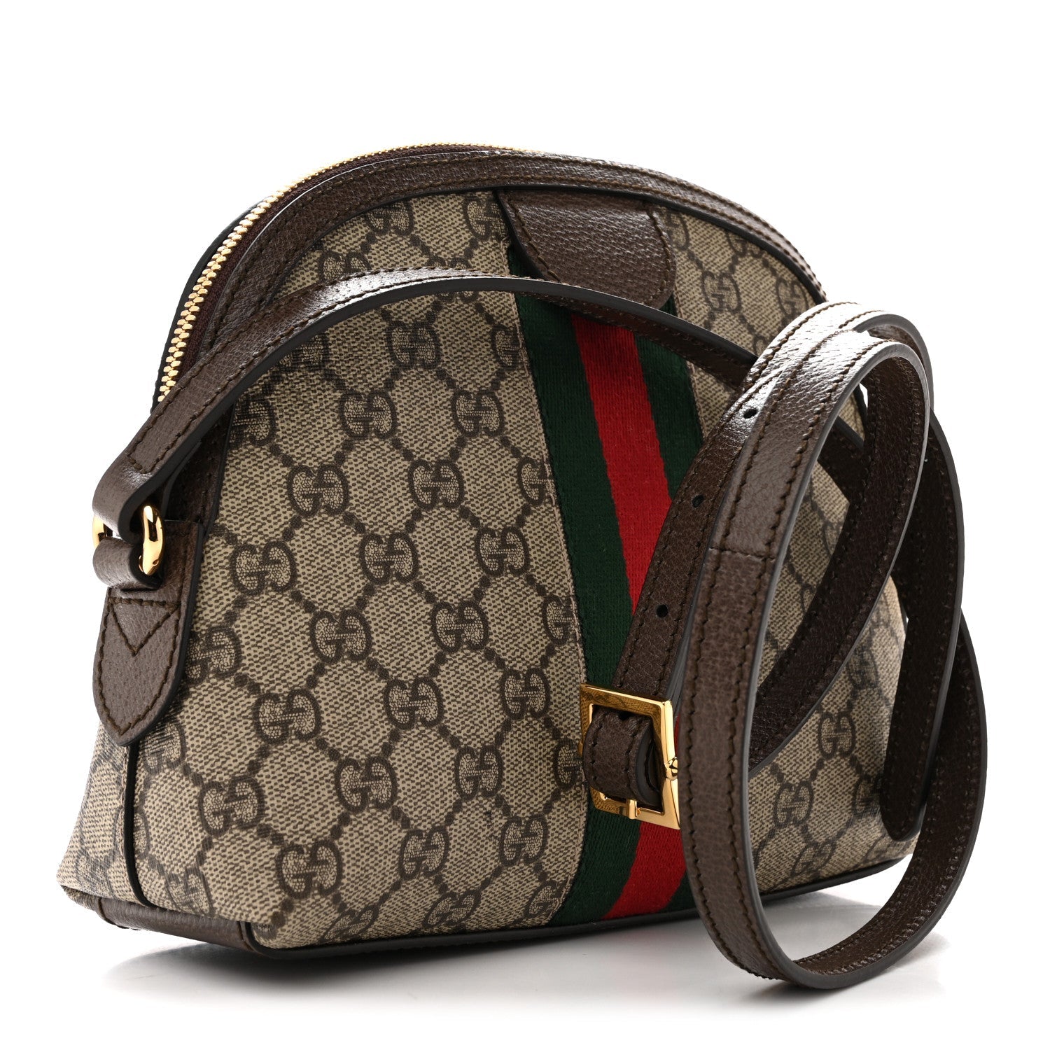 Gucci GG Supreme Monogram Textured Dollar Calfskin Web Small Ophidia Dome Shoulder Bag Beige Ebony New Acero