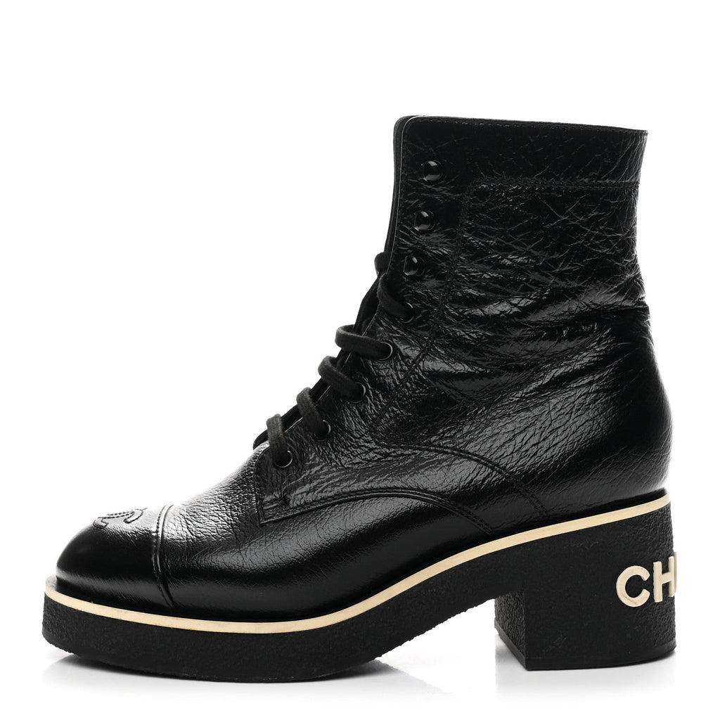 Chanel Shiny Crumpled Lambskin Lace Up Combat Boots 39 Black