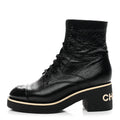 Chanel Shiny Crumpled Lambskin Lace Up Combat Boots 39 Black