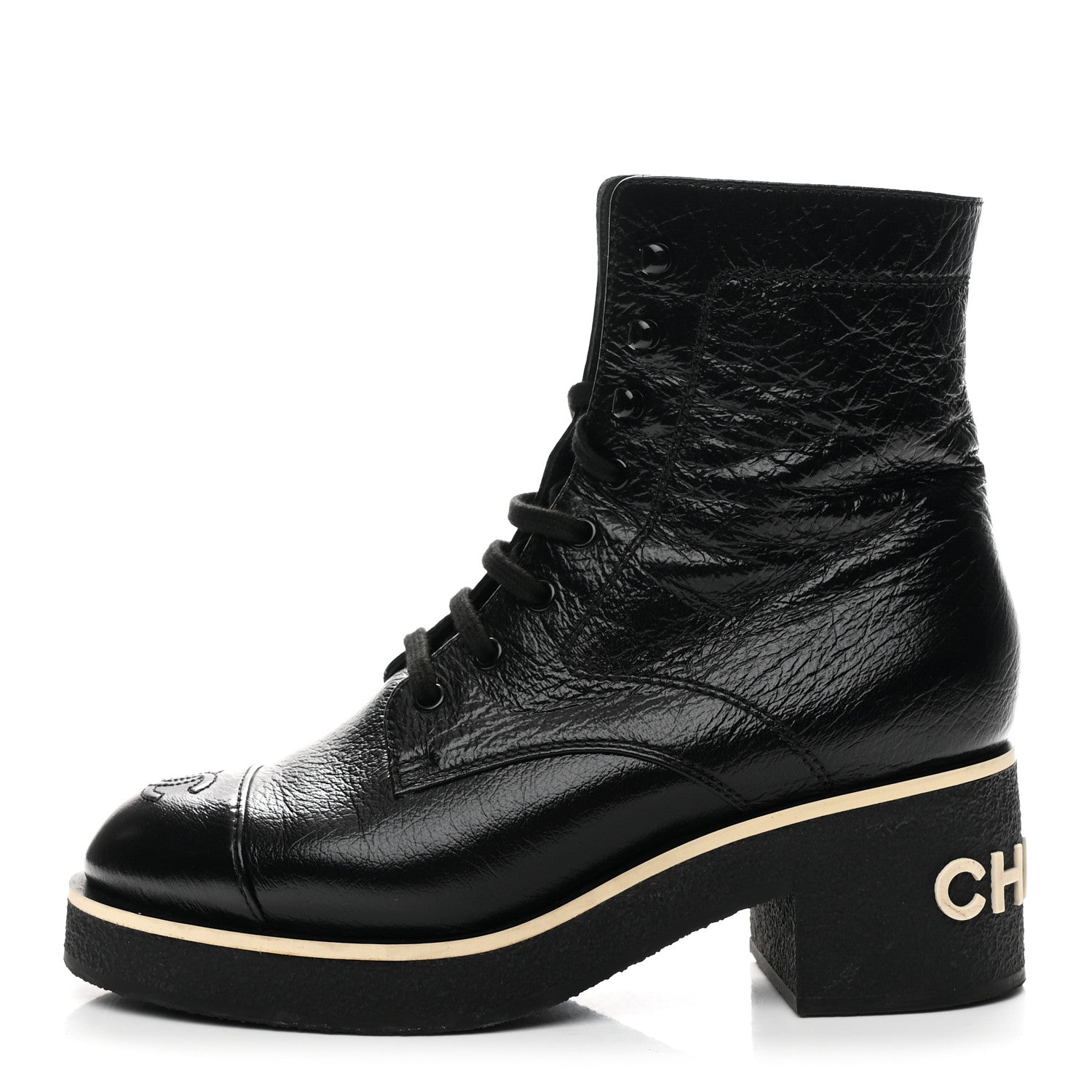 Chanel Shiny Crumpled Lambskin Lace Up Combat Boots 39 Black
