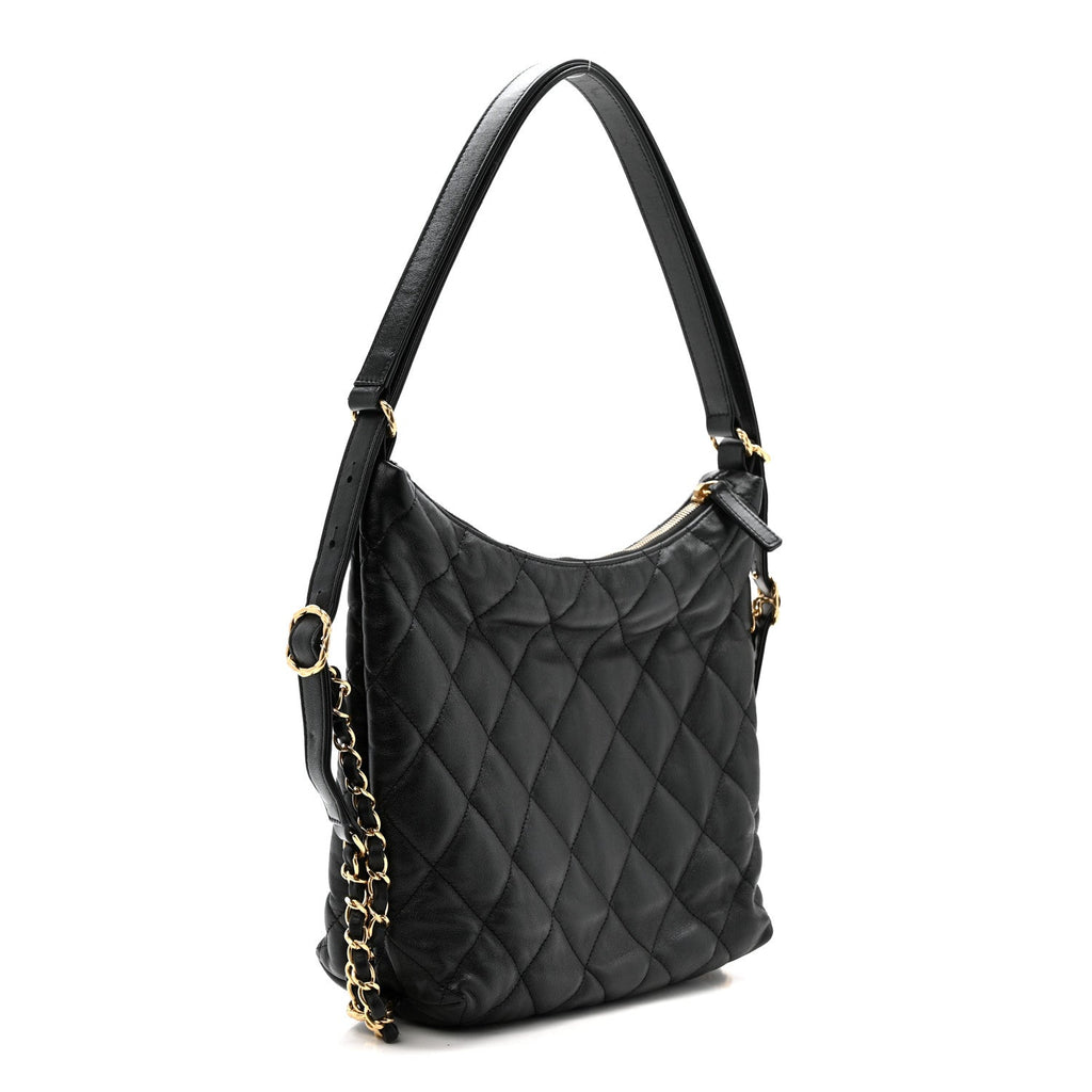 Chanel Lambskin Quilted Maxi Hobo Black