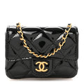 Chanel Patent Enamel Quilted Coco Hearts Clutch With Chain Black