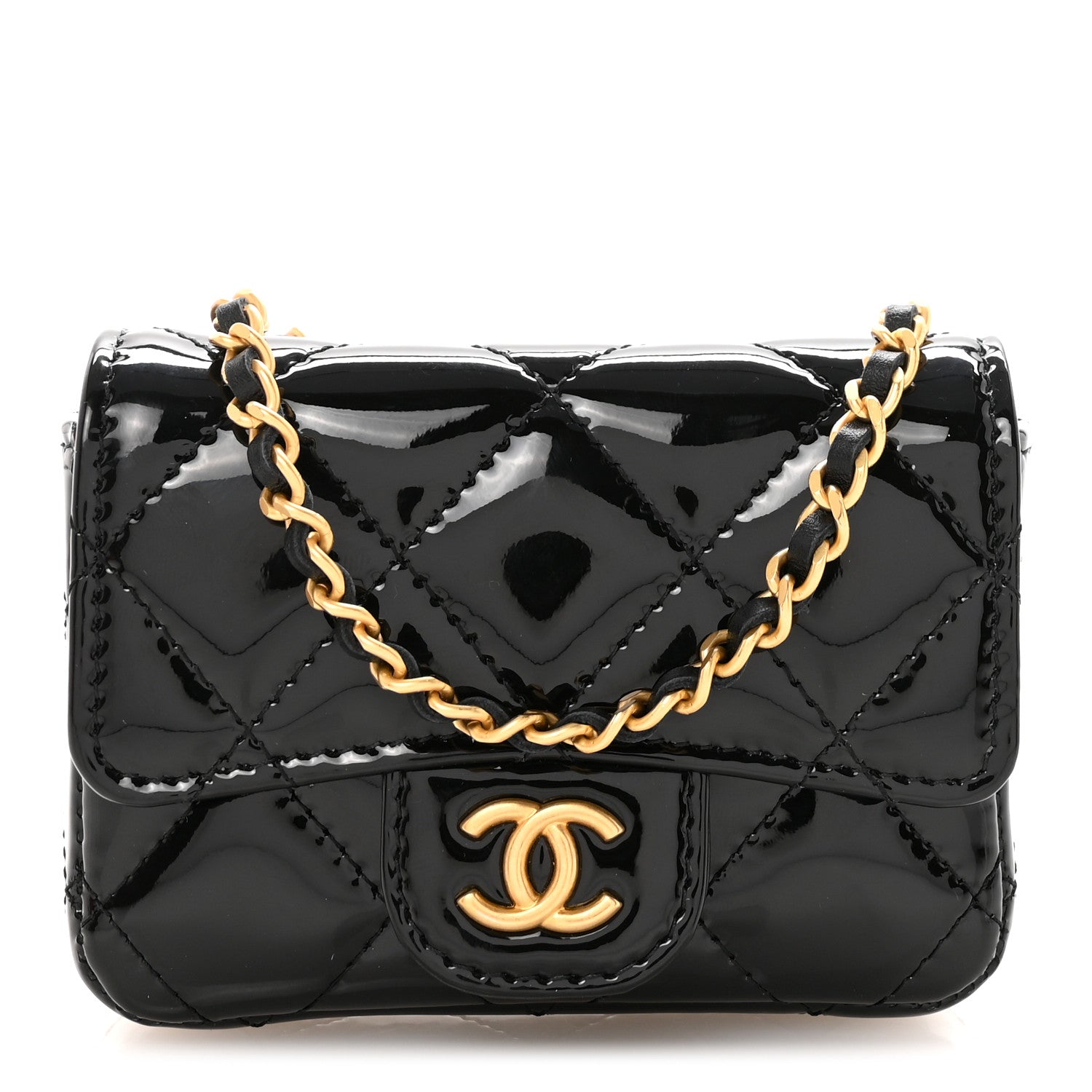 Chanel Patent Enamel Quilted Coco Hearts Clutch With Chain Black